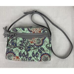 NWT $89 Vera Bradley Crossbody Purse FAN FLOWERS Gray Faux Leather Trimmed